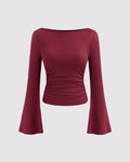 Boat Neck Ruched Flared Long Sleeve Solid Top in Red