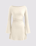Boat Neck Ruched Mini Dress In Off-White