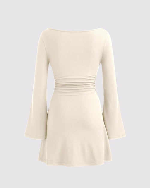 Boat Neck Ruched Mini Dress In Off-White