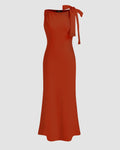 Boat Neck Solid Bowknot Maxi Dress In Brick