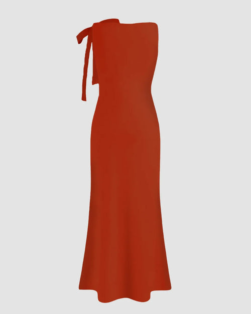 Boat Neck Solid Bowknot Maxi Dress In Brick