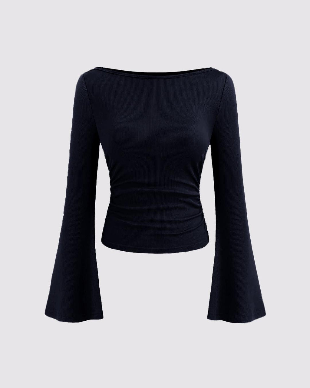 Boat Neck Solid Ruched Long Sleeve Top in Navy Blue