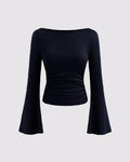 Boat Neck Solid Ruched Long Sleeve Top in Navy Blue