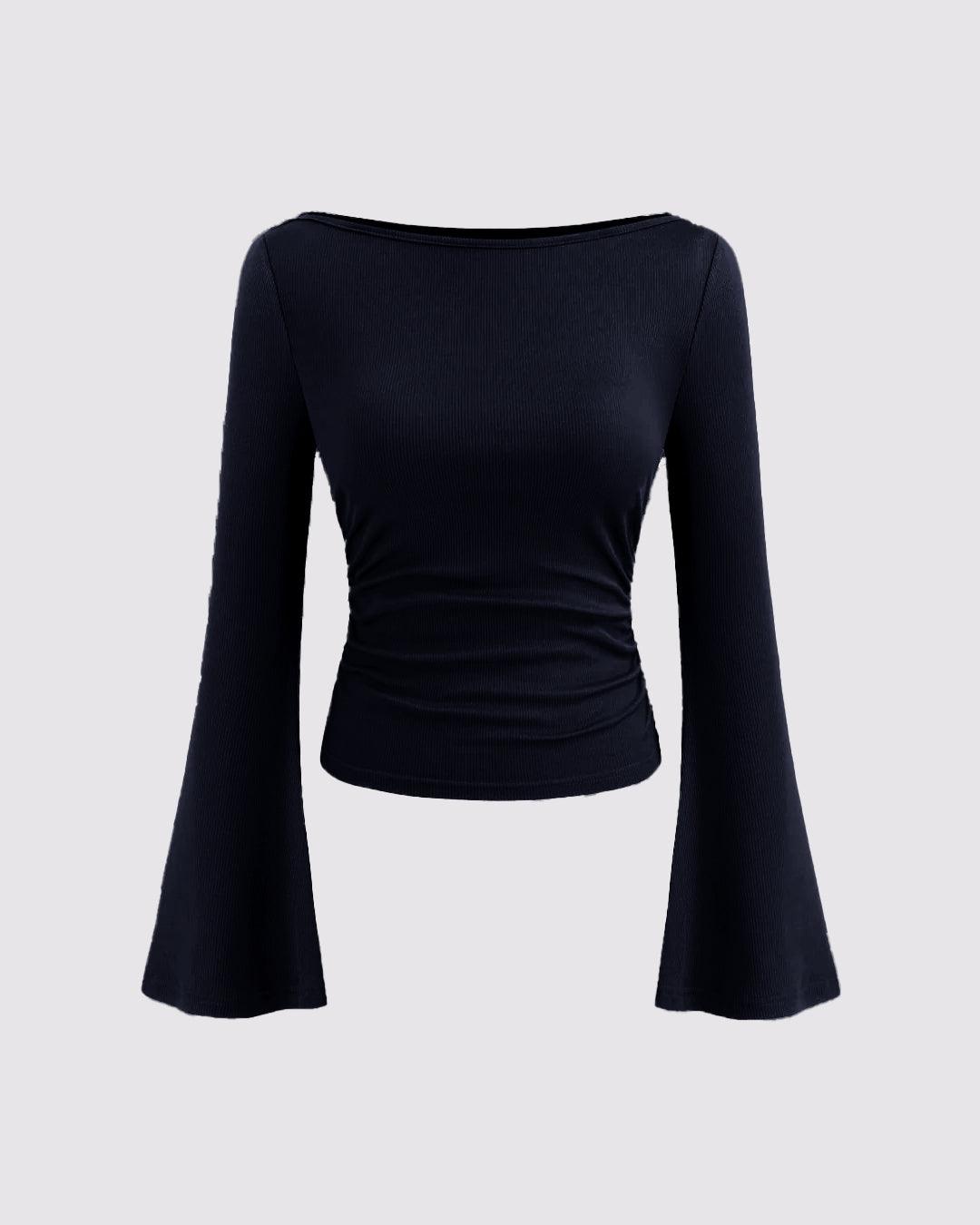 Boat Neck Solid Ruched Long Sleeve Top in Navy Blue