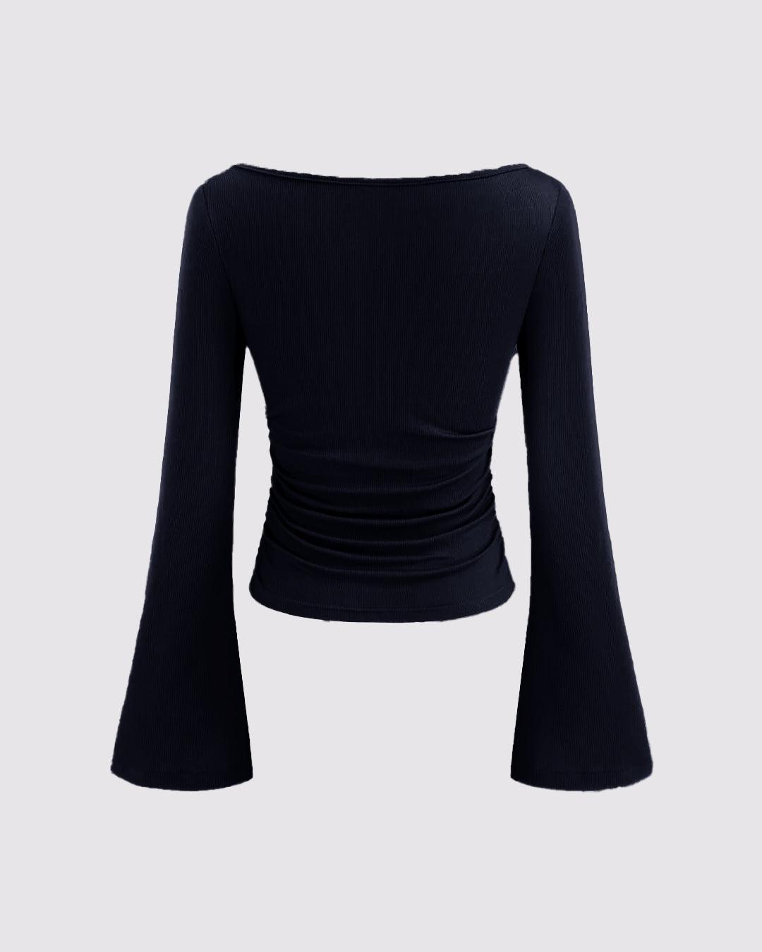 Boat Neck Solid Ruched Long Sleeve Top in Navy Blue
