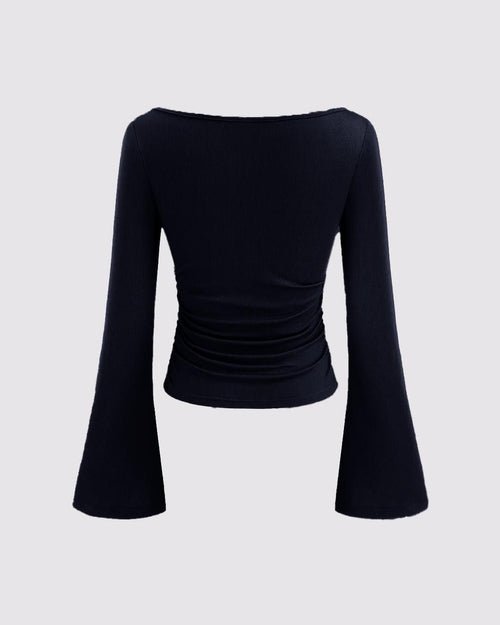 Boat Neck Solid Ruched Long Sleeve Top in Navy Blue