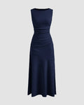 Sleeveless Maxi Dress with Flared Hem in Dark Navy Blue