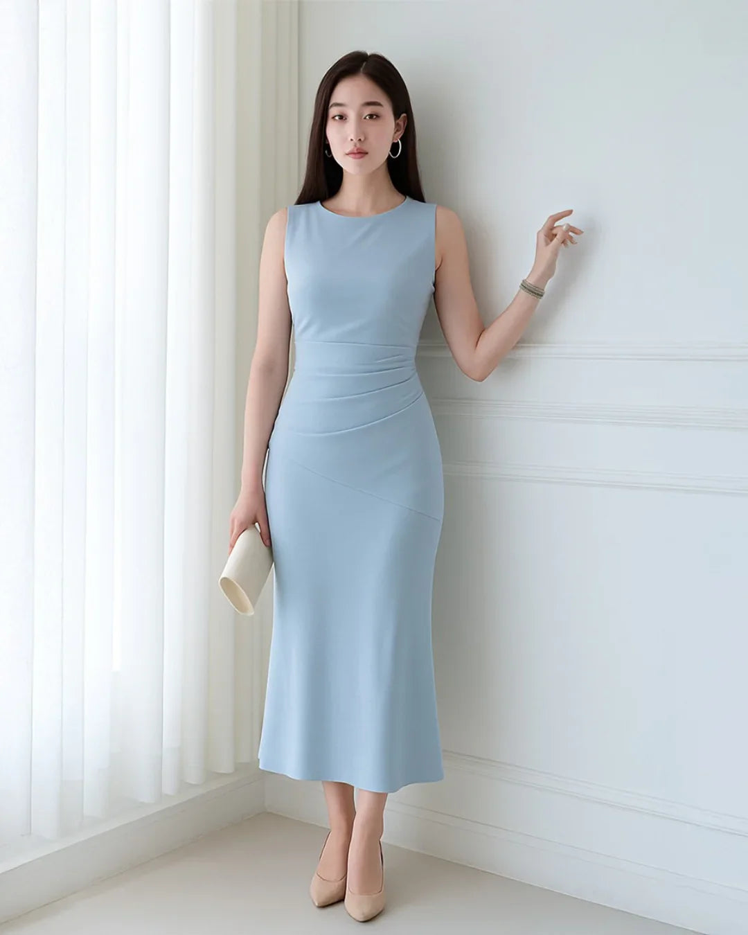 Boat Neck Solid Ruffle Ruched Ice Blue Maxi Dress