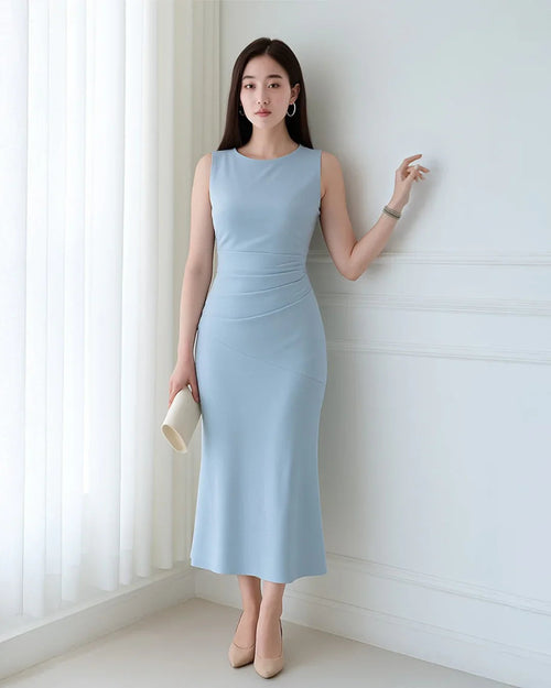 Boat Neck Solid Ruffle Ruched Ice Blue Maxi Dress