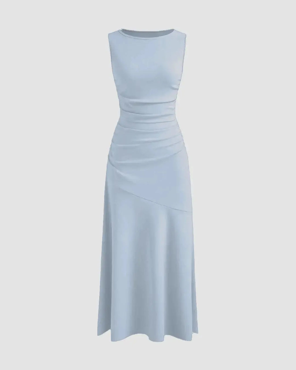 Boat Neck Solid Ruffle Ruched Ice Blue Maxi Dress