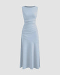 Boat Neck Solid Ruffle Ruched Ice Blue Maxi Dress