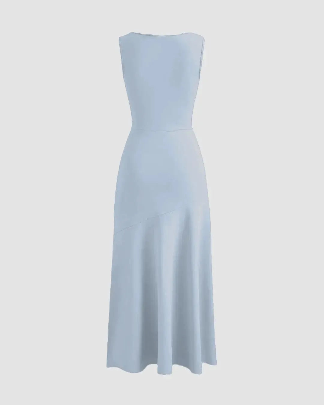 Boat Neck Solid Ruffle Ruched Ice Blue Maxi Dress