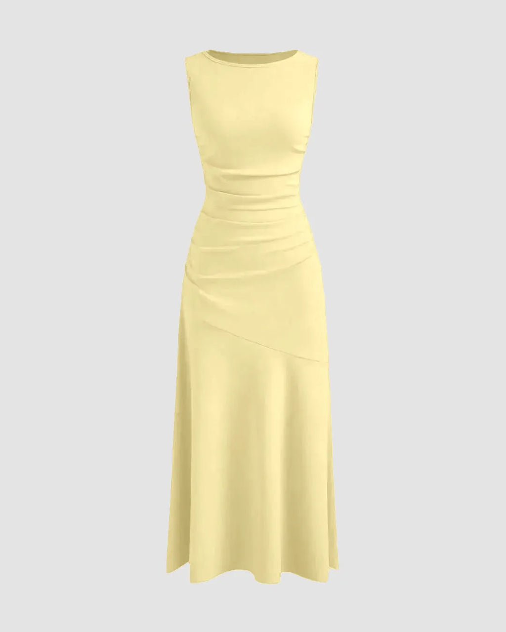 Boat Neck Solid Ruffle Ruched Vanilla Maxi Dress