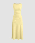 Boat Neck Solid Ruffle Ruched Vanilla Maxi Dress