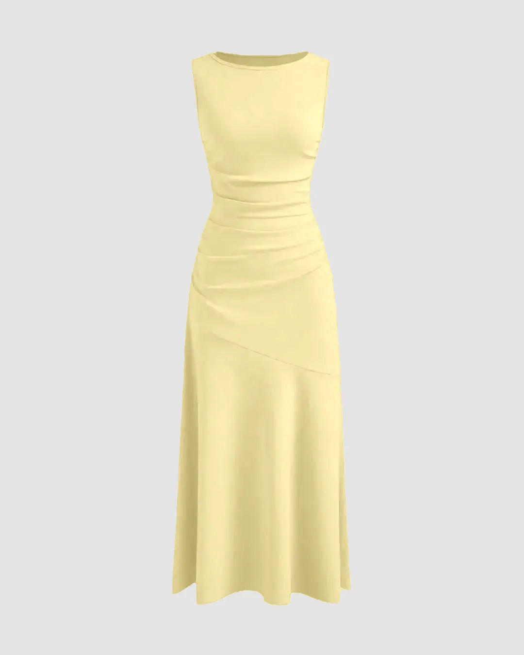 Boat Neck Solid Ruffle Ruched Vanilla Maxi Dress