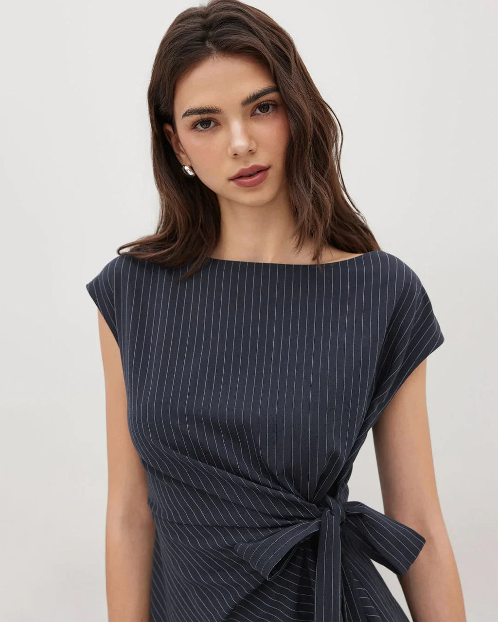 Boat Neck Stripe Knotted Top in Navy Blue