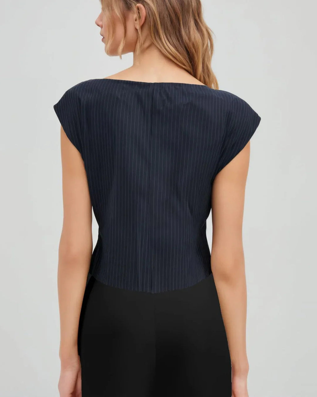 Boat Neck Stripe Knotted Top in Navy Blue