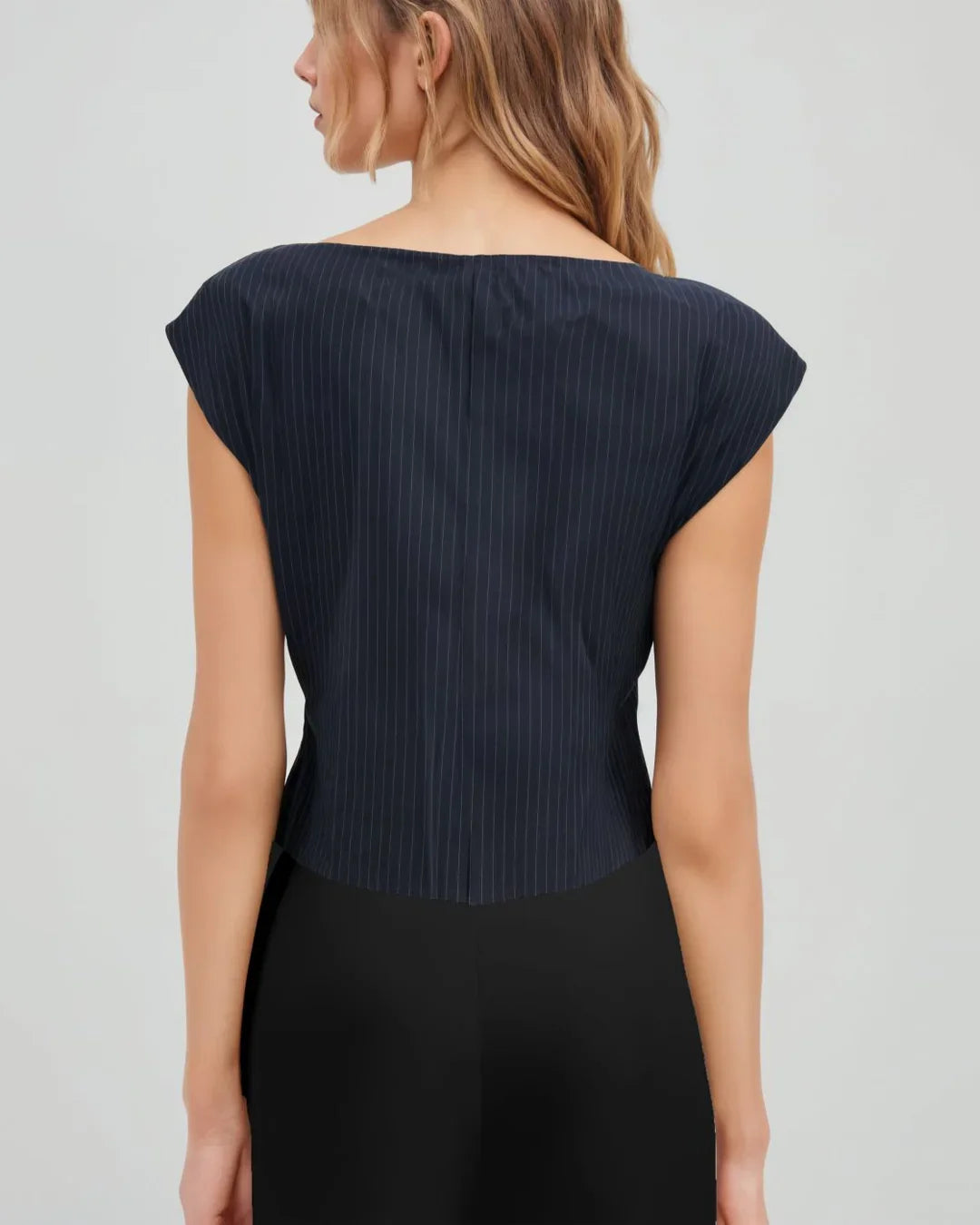 Boat Neck Stripe Knotted Top in Navy Blue