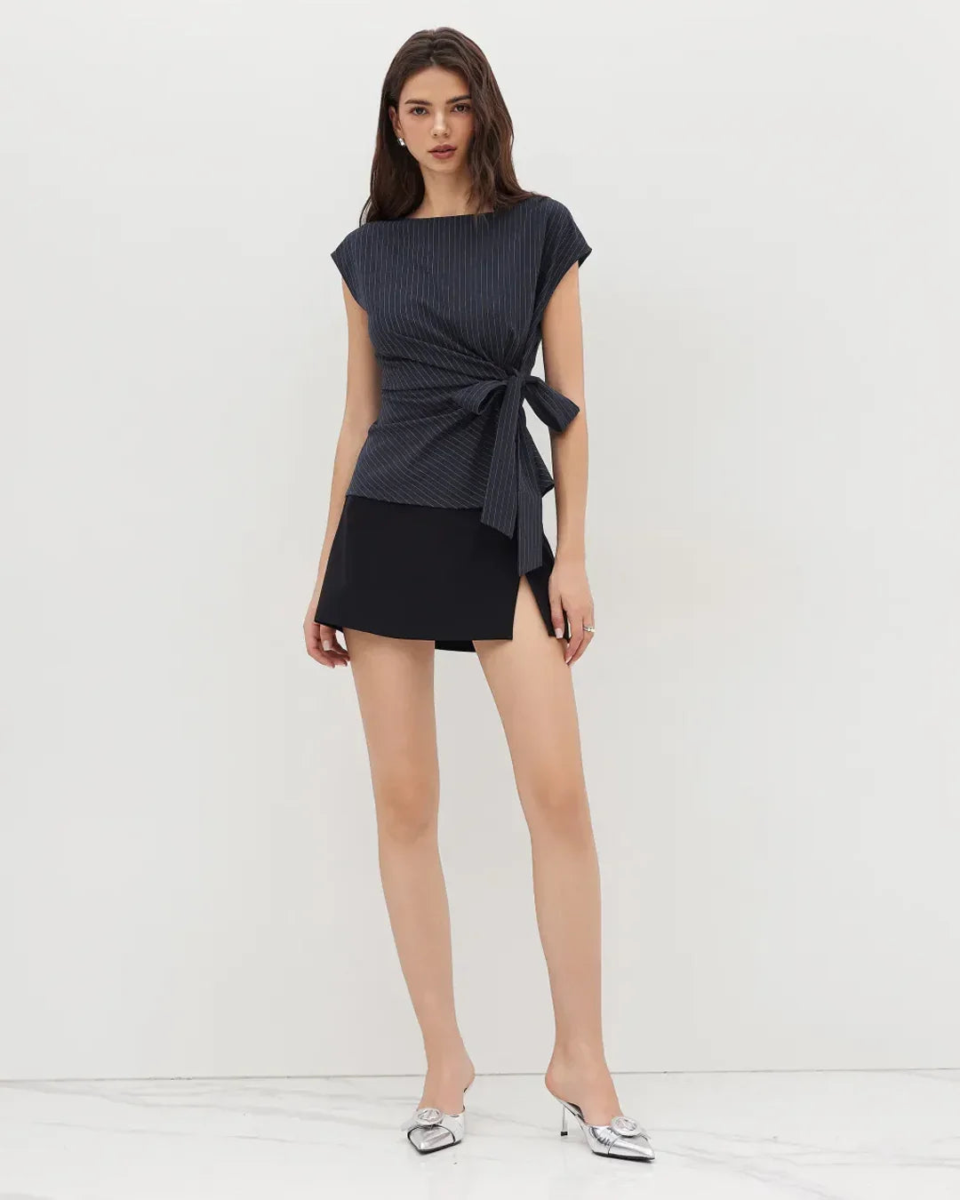 Boat Neck Stripe Knotted Top in Navy Blue
