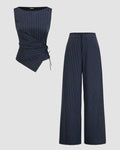 Boat Neck Striped Wrap Knotted Top & Mid Rise Straight Leg Trousers Set