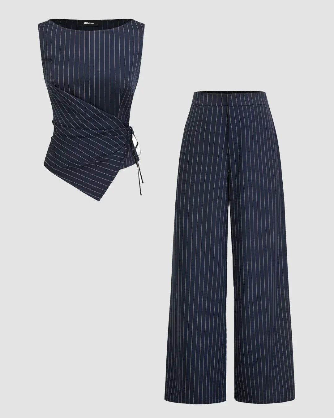 Boat Neck Striped Wrap Knotted Top & Mid Rise Straight Leg Trousers Set