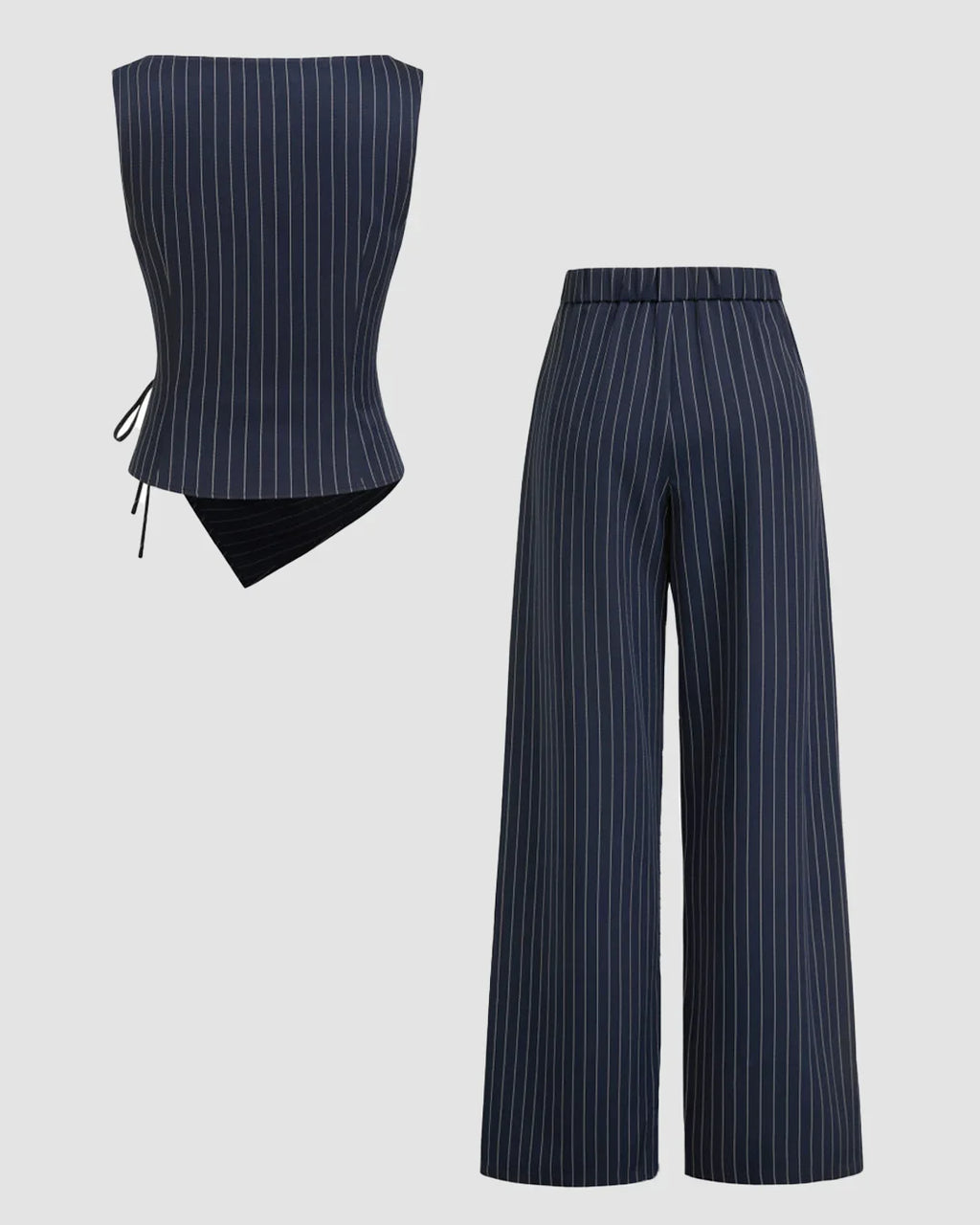 Boat Neck Striped Wrap Knotted Top & Mid Rise Straight Leg Trousers Set