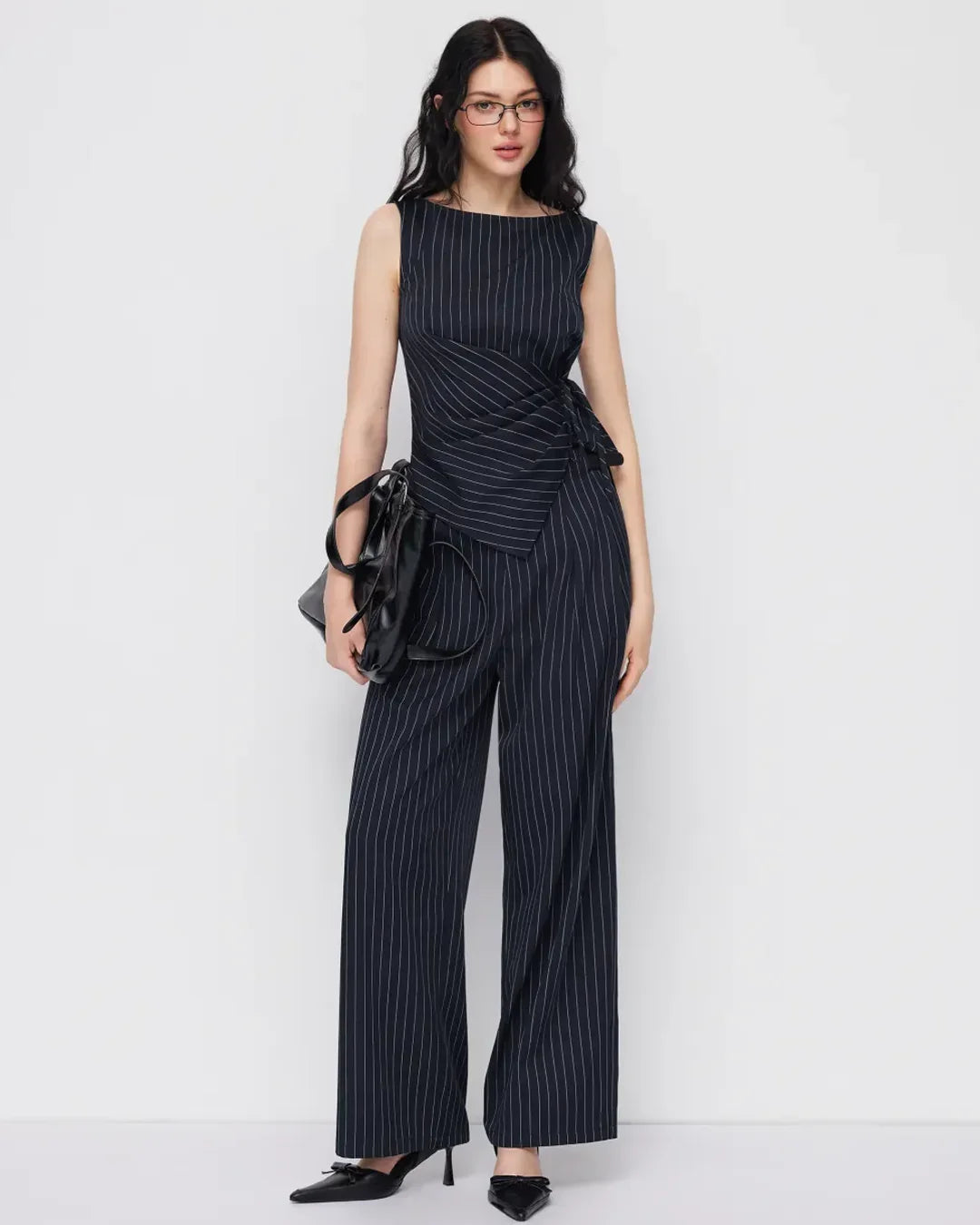 Boat Neck Striped Wrap Knotted Top & Mid Rise Straight Leg Trousers Set