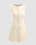 Boat Neckline Solid Button Sleeveless Off-White Mini Dress