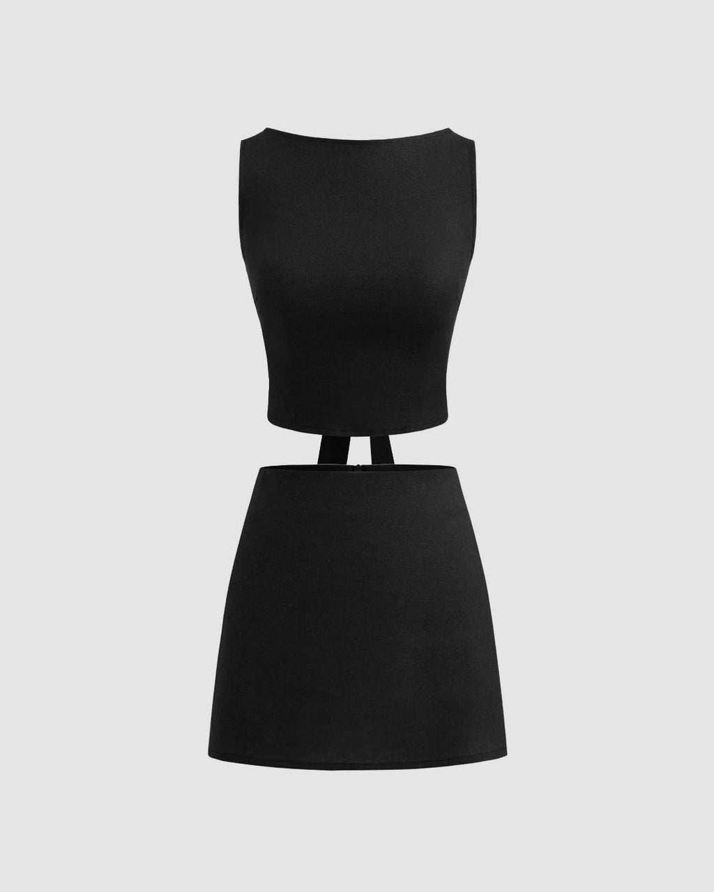 Boat Neckline Solid Knotted Crop Top With Low Rise Solid Mini Skirt In Black
