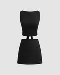Boat Neckline Solid Knotted Crop Top With Low Rise Solid Mini Skirt In Black