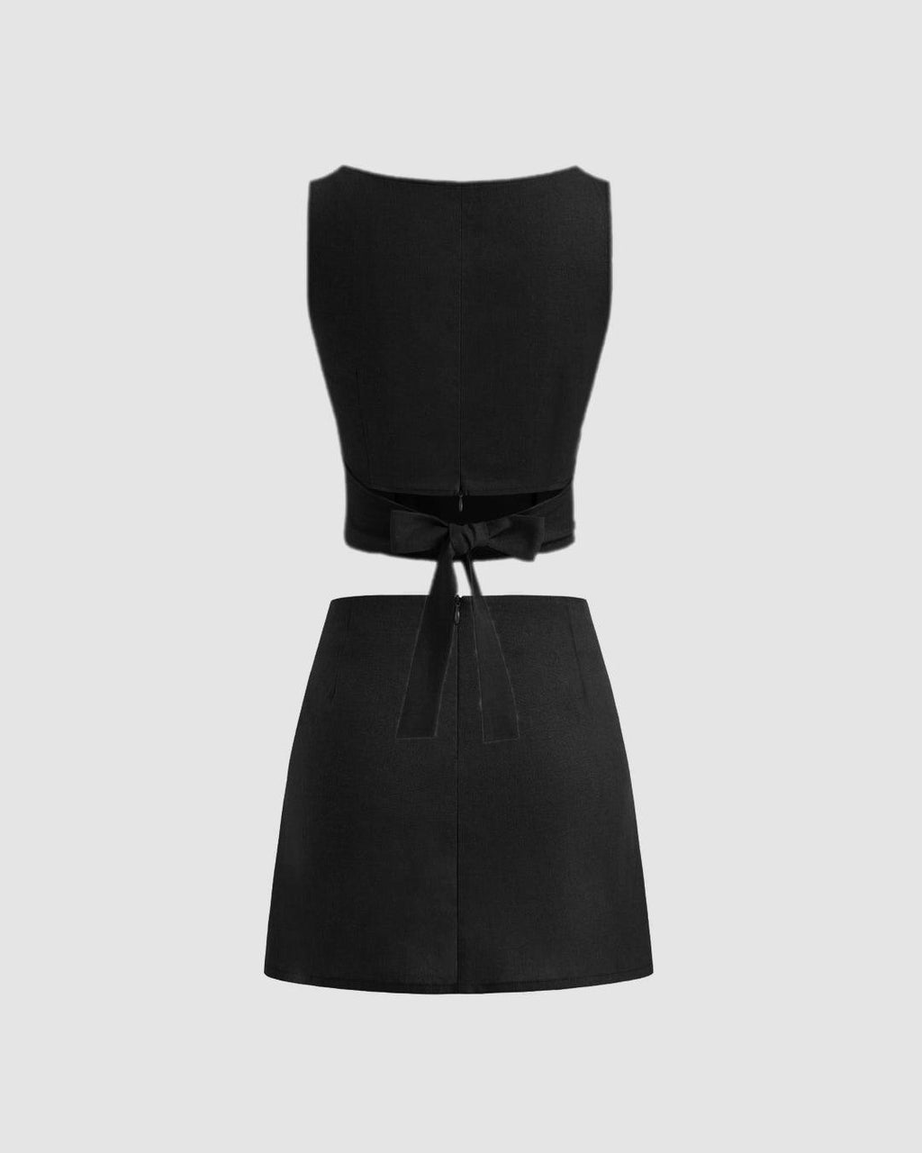 Boat Neckline Solid Knotted Crop Top With Low Rise Solid Mini Skirt In Black