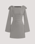 Boat Neckline Solid Ruched Bowknot Mini Dress