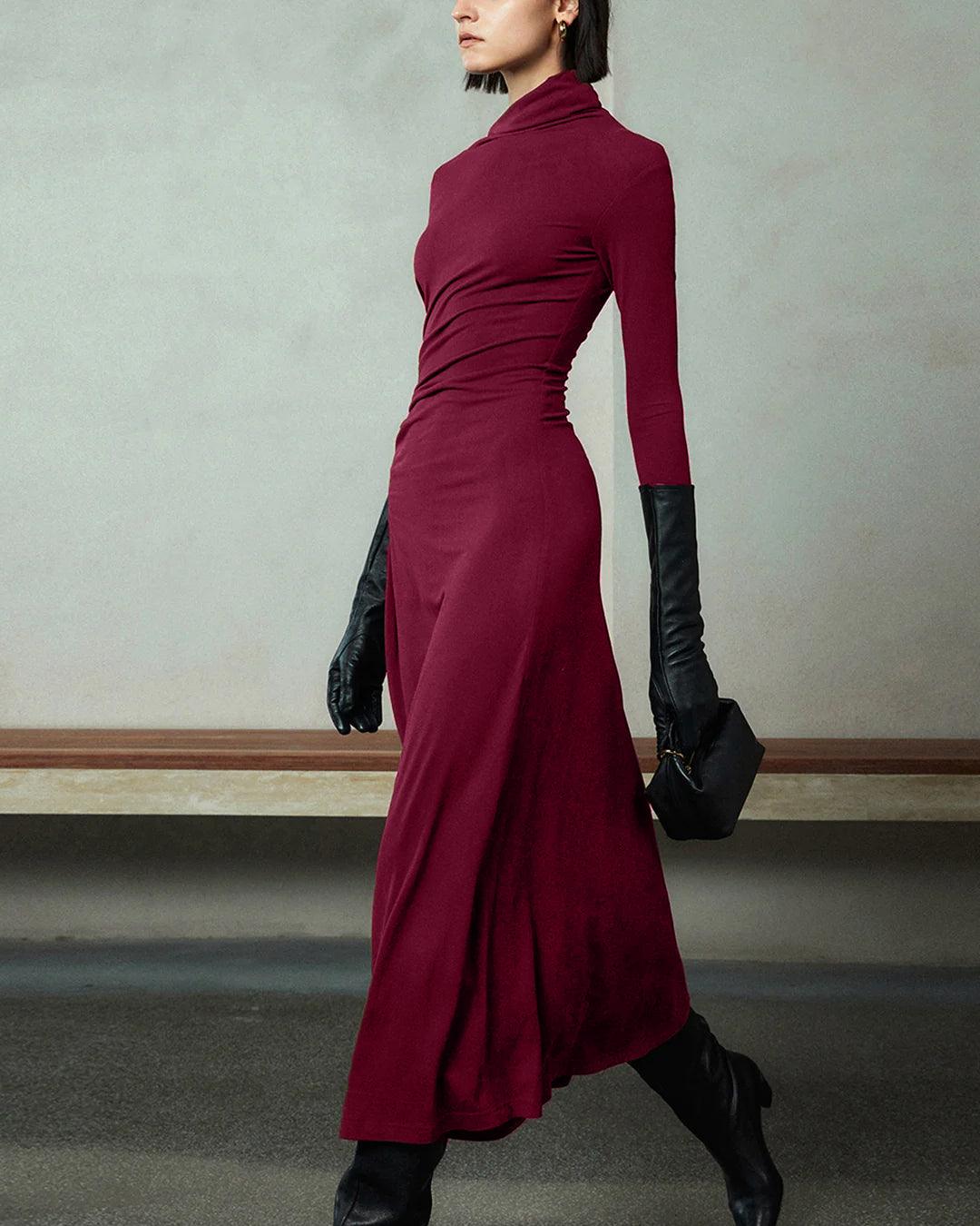 Bodycon Asymmetrical Neck Long Sleeve Ruched Maxi Dress