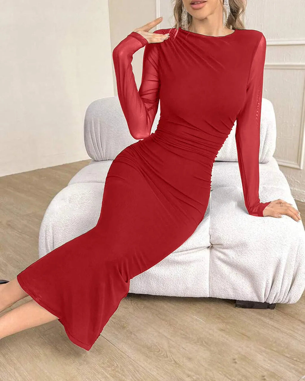 Bodycon Corset Long Sleeve Red Dress
