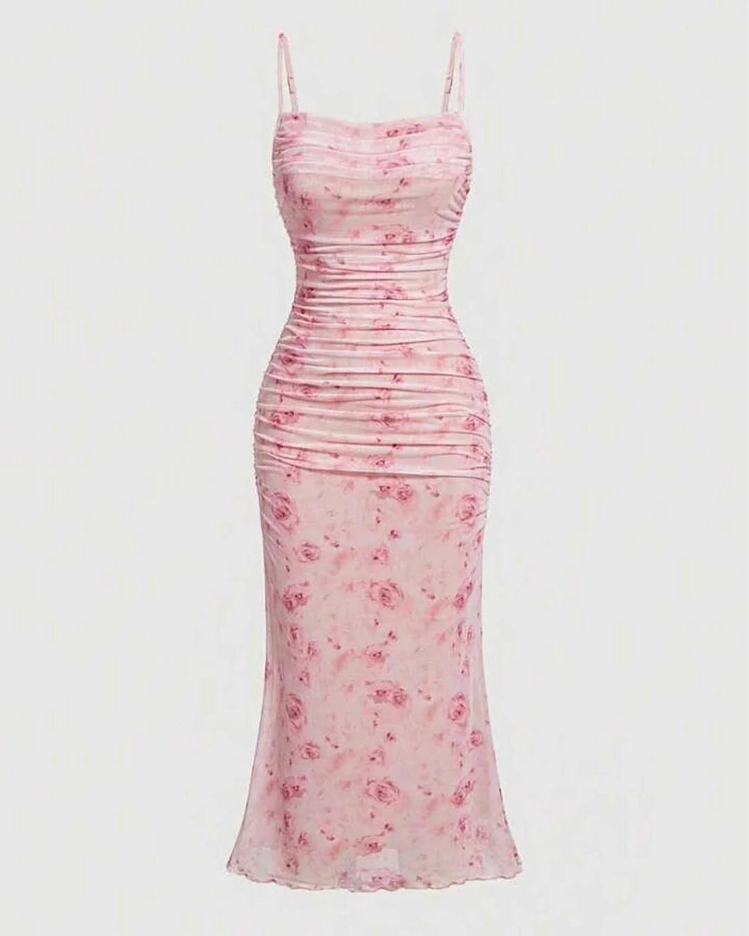 Ruched Bodycon Dress With Floral Print And Spaghetti Straps
