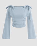 Bow Shoulder Square Neck Full Sleeve Slim Fit Top in Blue