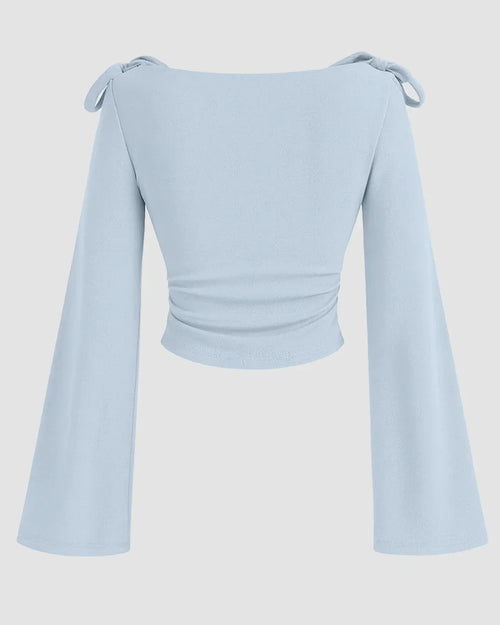 Bow Shoulder Square Neck Full Sleeve Slim Fit Top in Blue