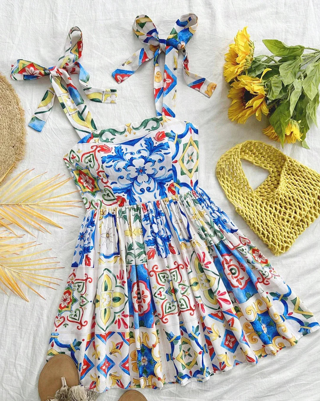 Printed Tie-Up Strap Fit and Flare Mini Dress