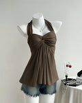 Brown Twist Front Draped Halter Top