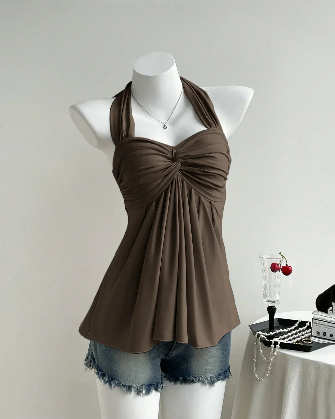Brown Twist Front Draped Halter Top
