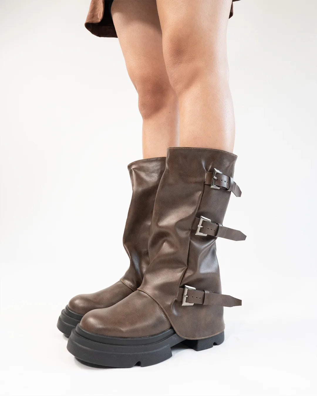 Brown Buckle Detail Chunky Sole Mid Calf Boots