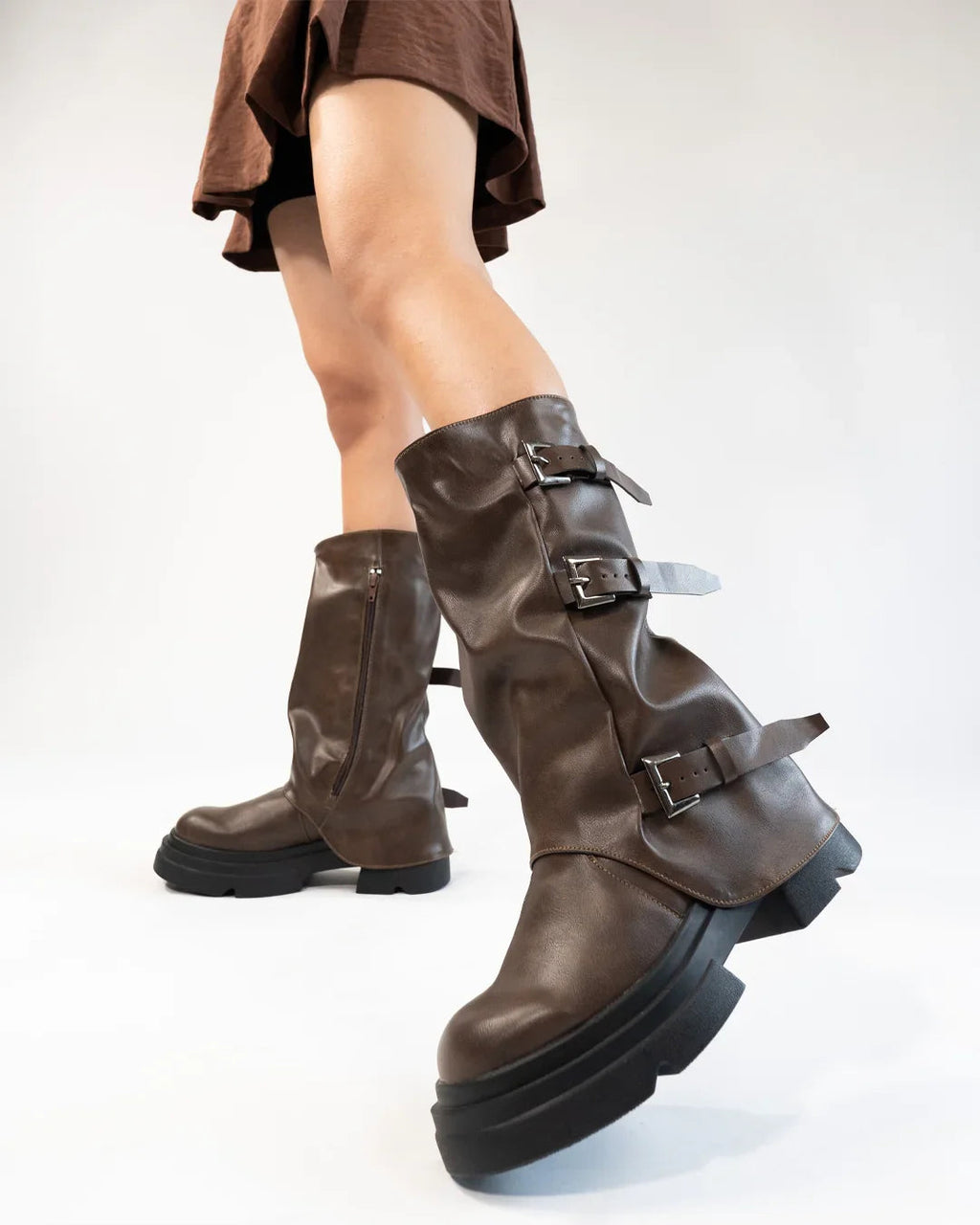 Brown Buckle Detail Chunky Sole Mid Calf Boots