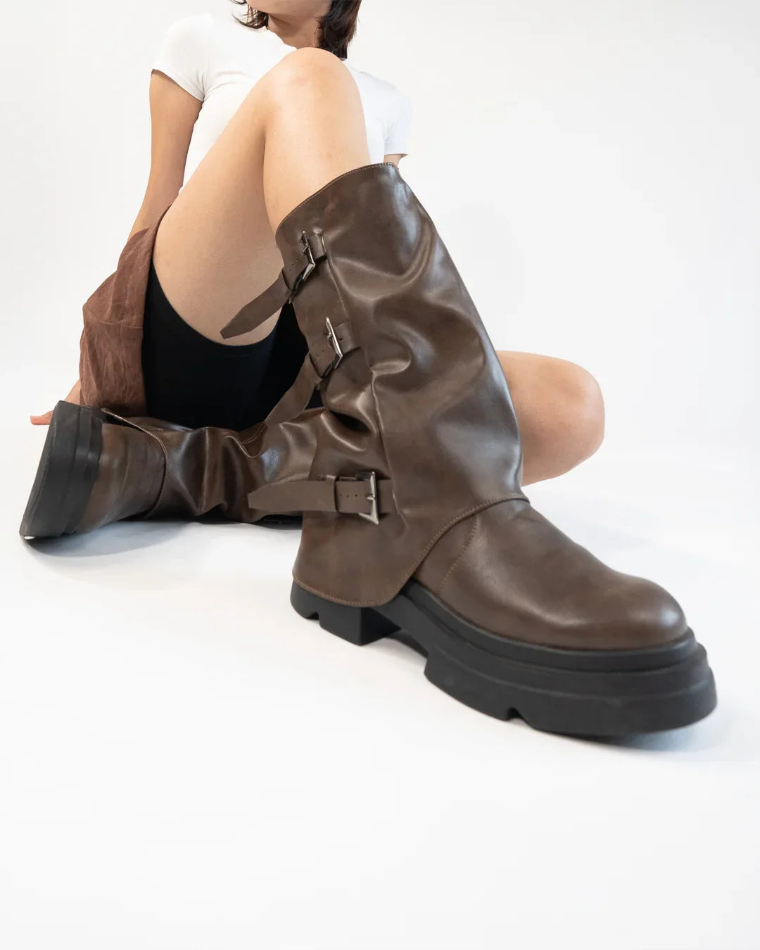 Brown Buckle Detail Chunky Sole Mid Calf Boots