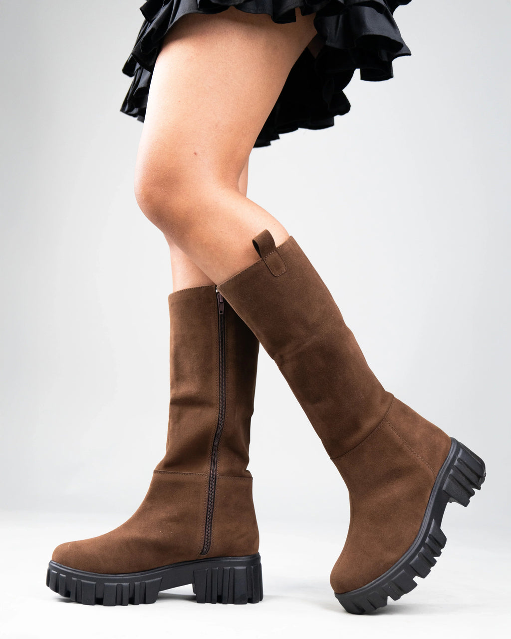 Brown Chunky Sole Knee High Long Biker Boot