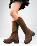 Brown Chunky Sole Knee High Long Biker Boot