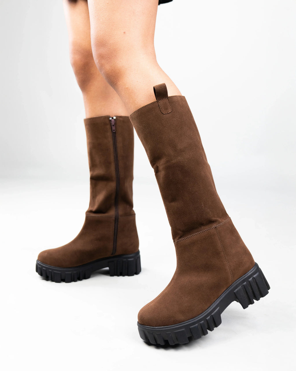 Brown Chunky Sole Knee High Long Biker Boot