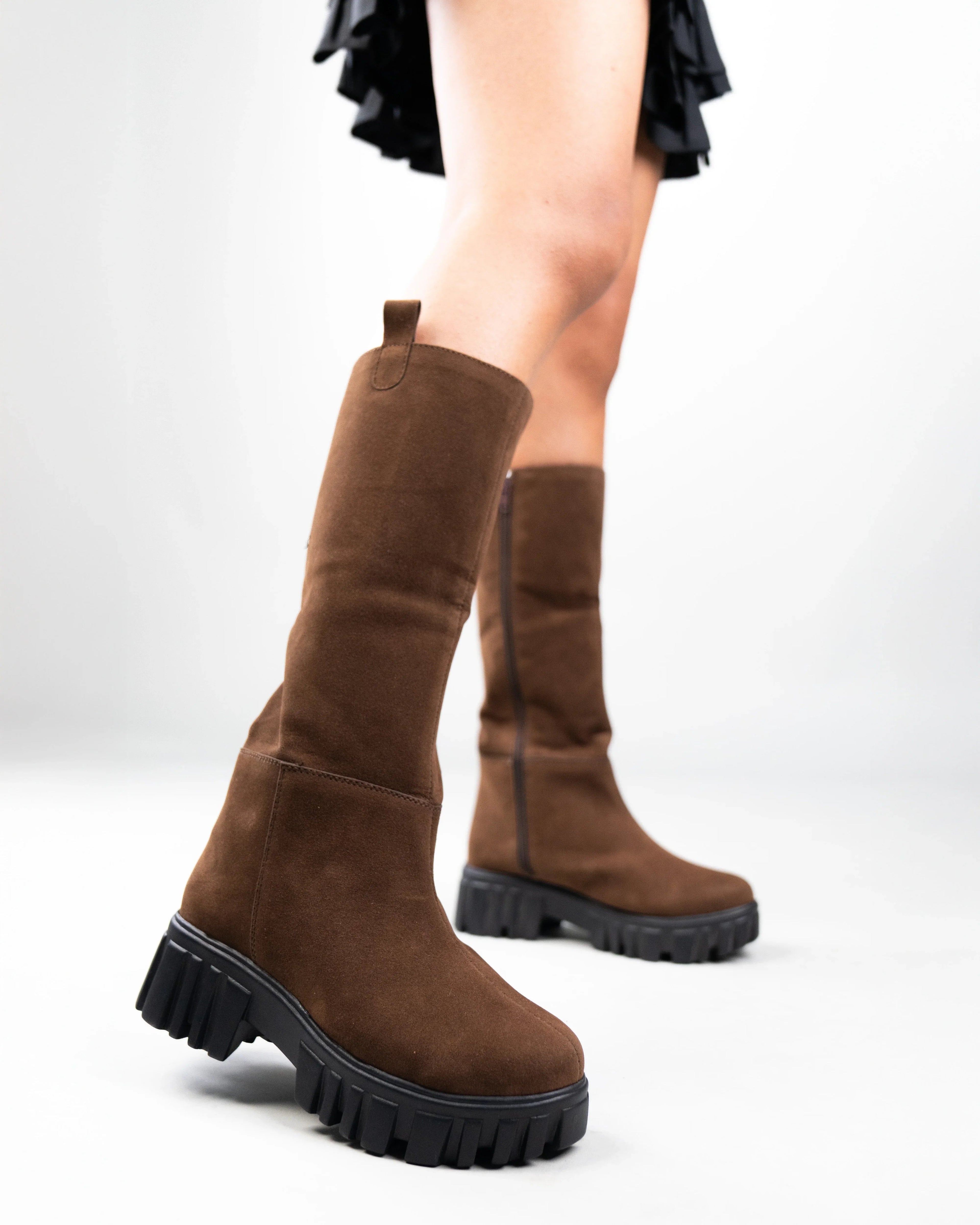 Brown Chunky Sole Knee High Long Biker Boot