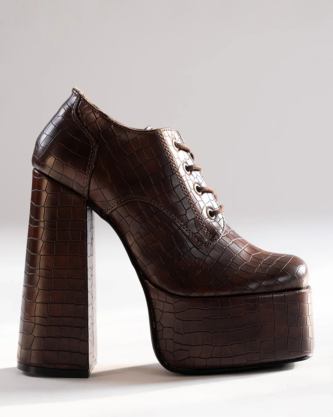Brown Croc Embossed Chunky High Platform Ankle Heel Boots