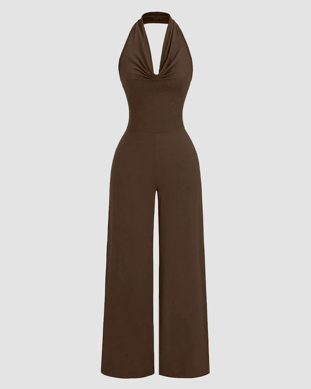 Brown Halter Cowl Neck Wide Leg Jumpsuit