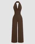 Brown Halter Cowl Neck Wide Leg Jumpsuit